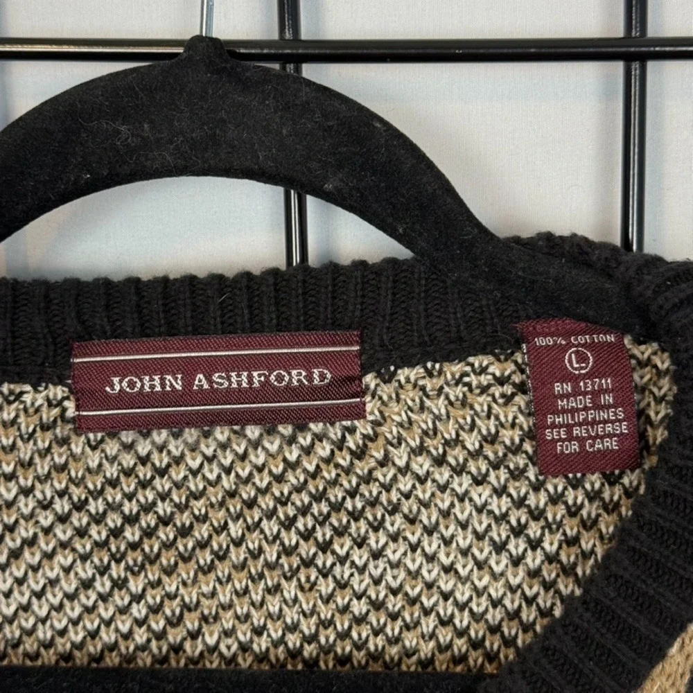 Vintage John Ashford‎ Sweater Mens Large Beige Black Houndstooth Cosby Eclectic